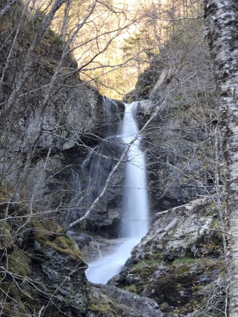 uisge ban falls is a narrow falls flowing over the rocks surrounded by trees with no leaves