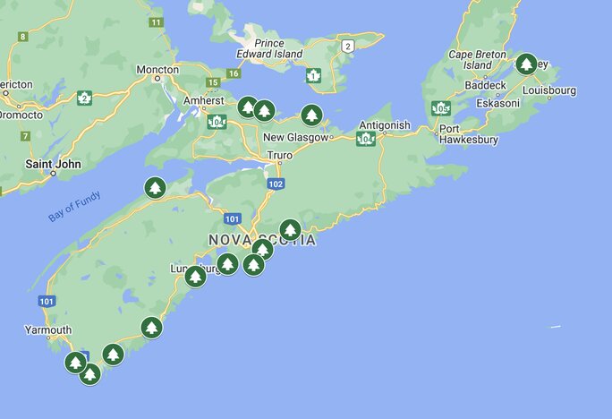 map of nova scotia with locations of lobster trap christmas trees designated with a dark green tree icon