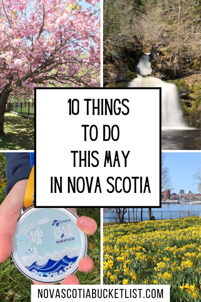 pin image for this post: text reads "10 things to do this may in nova scotia". behind the text are four images: cherry blossoms, a waterfall, a bluenose race medal and a daffodil garden with a view of the halifax skyline
