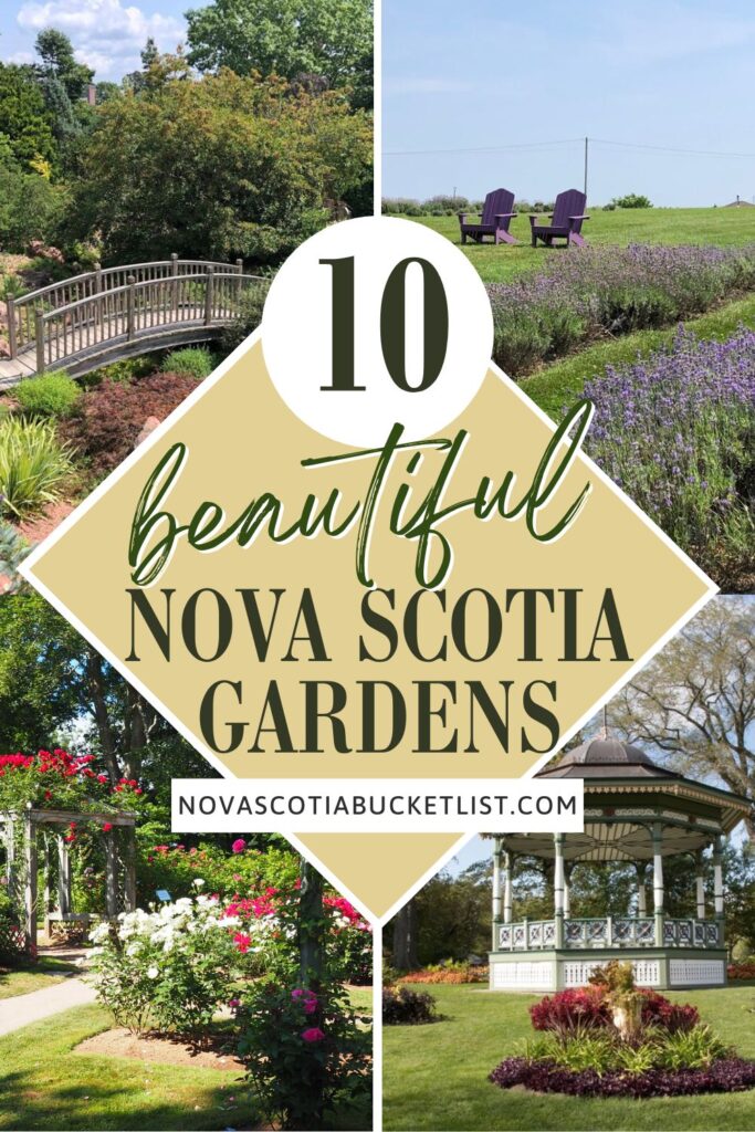 Four-part image showing scenic garden locations in Nova Scotia, including blooming rose bushes, a peaceful wooden bridge, a gazebo in a manicured park, and a lavender field with purple chairs. Centered over the images is a beige diamond with the title “10 Beautiful Nova Scotia Gardens” and the site name novascotiabucketlist.com.