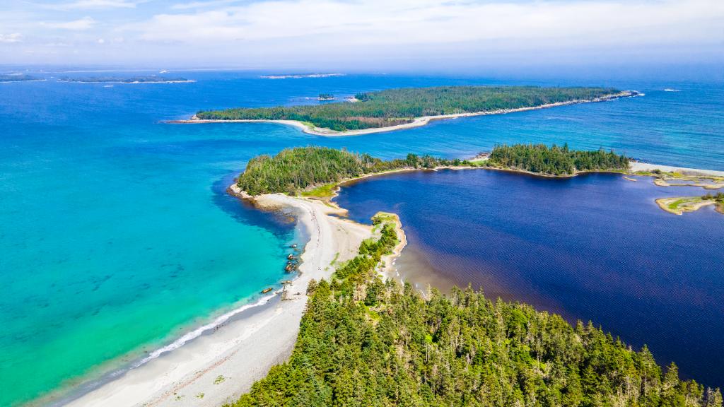 A breathtaking aerial view of Taylor Head Beach in Nova Scotia, showing a long stretch of forested peninsula bordered by turquoise waters on one side and a darker inland lagoon on the other. The sandy shoreline and clear blue ocean create a stunning contrast against the lush greenery.