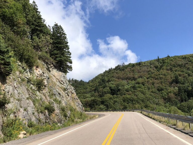 A two-lane road hugs a rocky cliff on one side and dense forest on the other as it winds through Cape Breton’s highlands, with guardrails and yellow road lines guiding the curve.