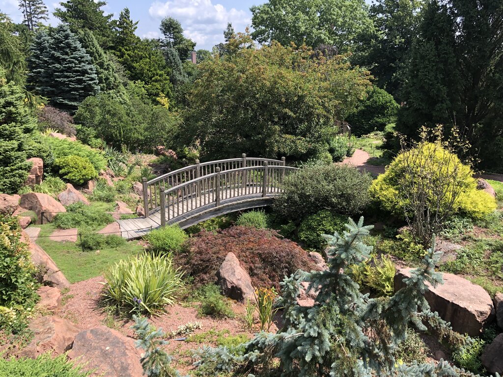 A curved wooden footbridge crosses a small ravine surrounded by lush greenery, colorful shrubs, and sculpted rocks in the Bicentennial Gardens in Truro, Nova Scotia. The beautifully landscaped scene features a variety of trees and plants under a bright, sunny sky.