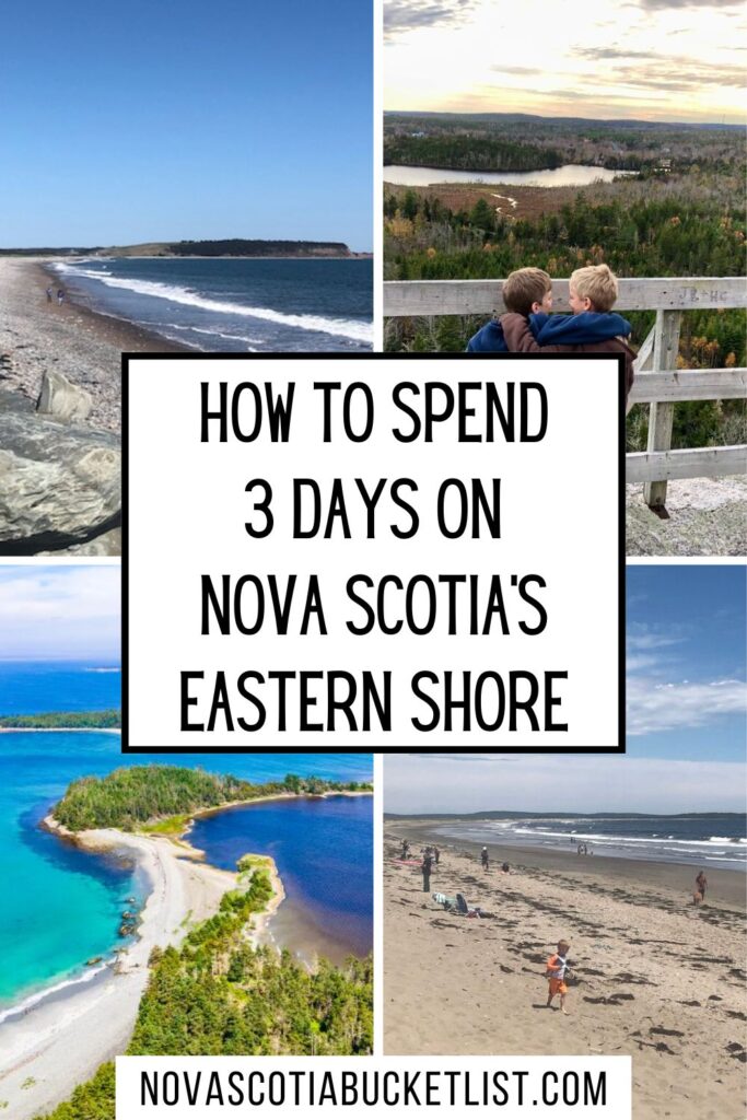 A collage layout featuring scenic shots of Eastern Shore landscapes and beaches, with the central text “How to Spend 3 Days on Nova Scotia’s Eastern Shore” and the same website link.