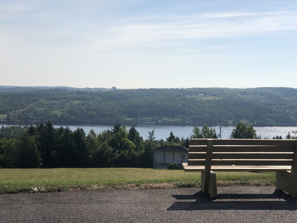 A wooden bench sits on a paved overlook with a peaceful view of a tree-lined river and forested hills in the distance. The scene is sunny and calm, with a small white building below and soft reflections shimmering on the water.