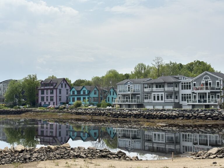 Vibrant purple and turquoise heritage-style houses in Mahone Bay sit beside sleek grey condos along a rocky shoreline, all mirrored crisply in the calm water below on a cloudy day.