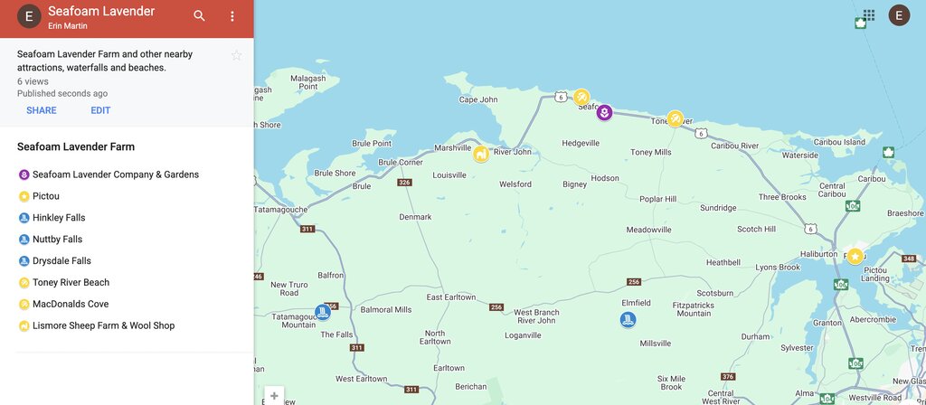 a custom google map showing the location of Seafoam Lavender, as well as three nearby waterfalls, the town of PIctou, two beaches and a sheep farm.