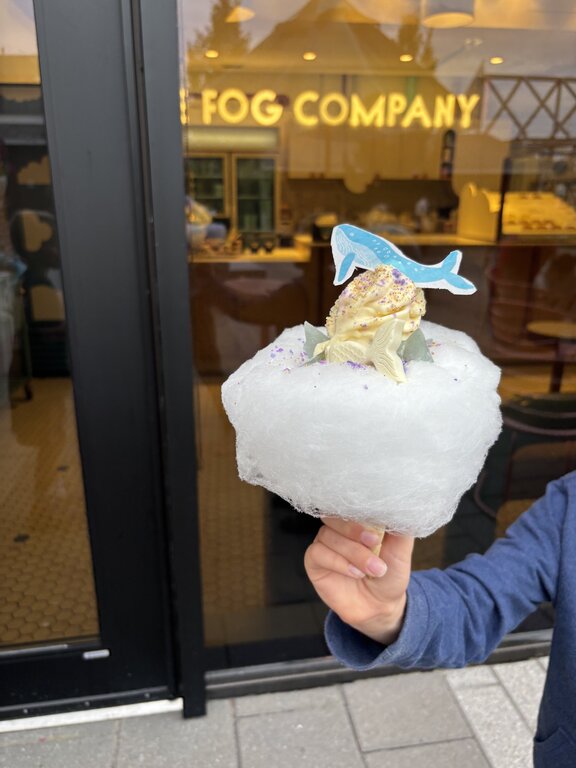 Close-up of a whimsical ice cream cone from The Fog Company in Halifax, featuring a scoop of ice cream nestled in a fluffy cloud of cotton candy, topped with sprinkles and a blue whale-shaped topper. The shop's glowing sign is visible in the background through the glass door.