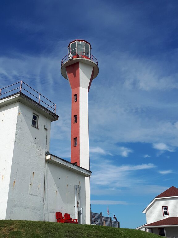 Tall red and white lighthouse rises beside a white building on a grassy hill under a blue sky with light clouds in Yarmouth Nova Scotia