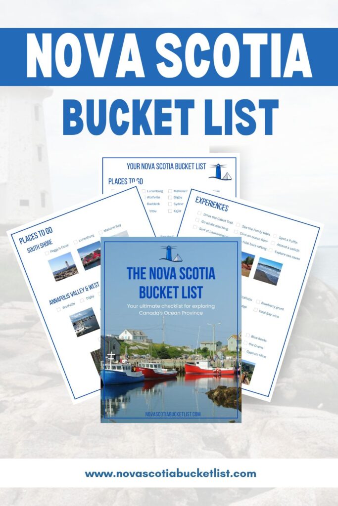 "NOVA SCOTIA BUCKET LIST" appears in large blue text above a set of printable travel checklist pages. The pages include headings like "YOUR NOVA SCOTIA BUCKET LIST", "PLACES TO GO", and "EXPERIENCES" along with small photos and checkboxes, and the text "THE NOVA SCOTIA BUCKET LIST Your ultimate checklist for exploring Canada's Ocean Province" and "novascotiabucketlist.com" at the bottom.