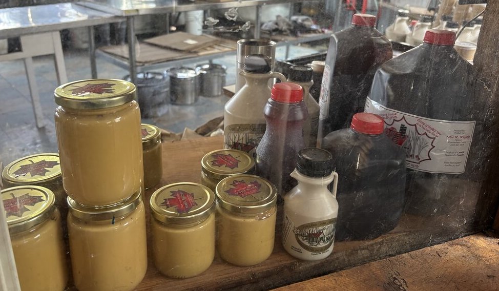 Jars and bottles of maple products sit on a wooden counter behind glass inside a sugar shack. Different sizes of syrup containers and creamy maple spread are grouped together for sale.