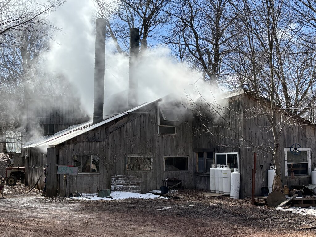 Steam pours from the roof and tall stacks of a weathered sugar shack surrounded by leafless trees under a blue sky. The building is shown in operation during maple syrup season in Nova Scotia.
