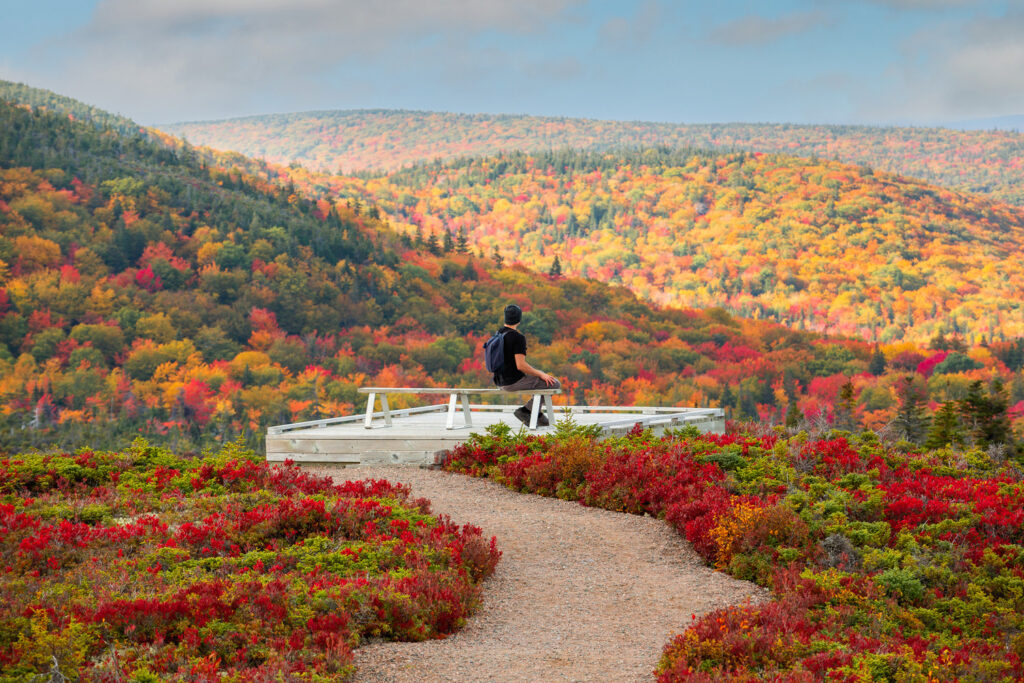 A hiker sits on a wooden bench overlooking rolling forested hills covered in brilliant red orange yellow and green fall foliage. The scenic viewpoint captures the colourful landscape that makes fall hikes in Nova Scotia especially memorable.
